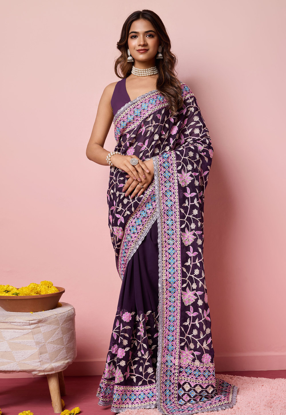 Wine Georgette Saree With Blouse 287640