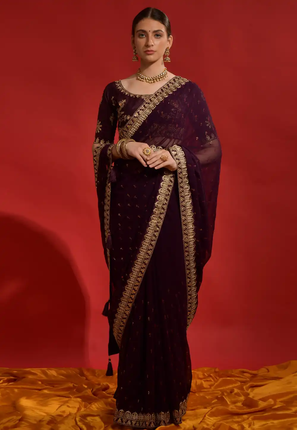 Wine Georgette Saree With Blouse 291480