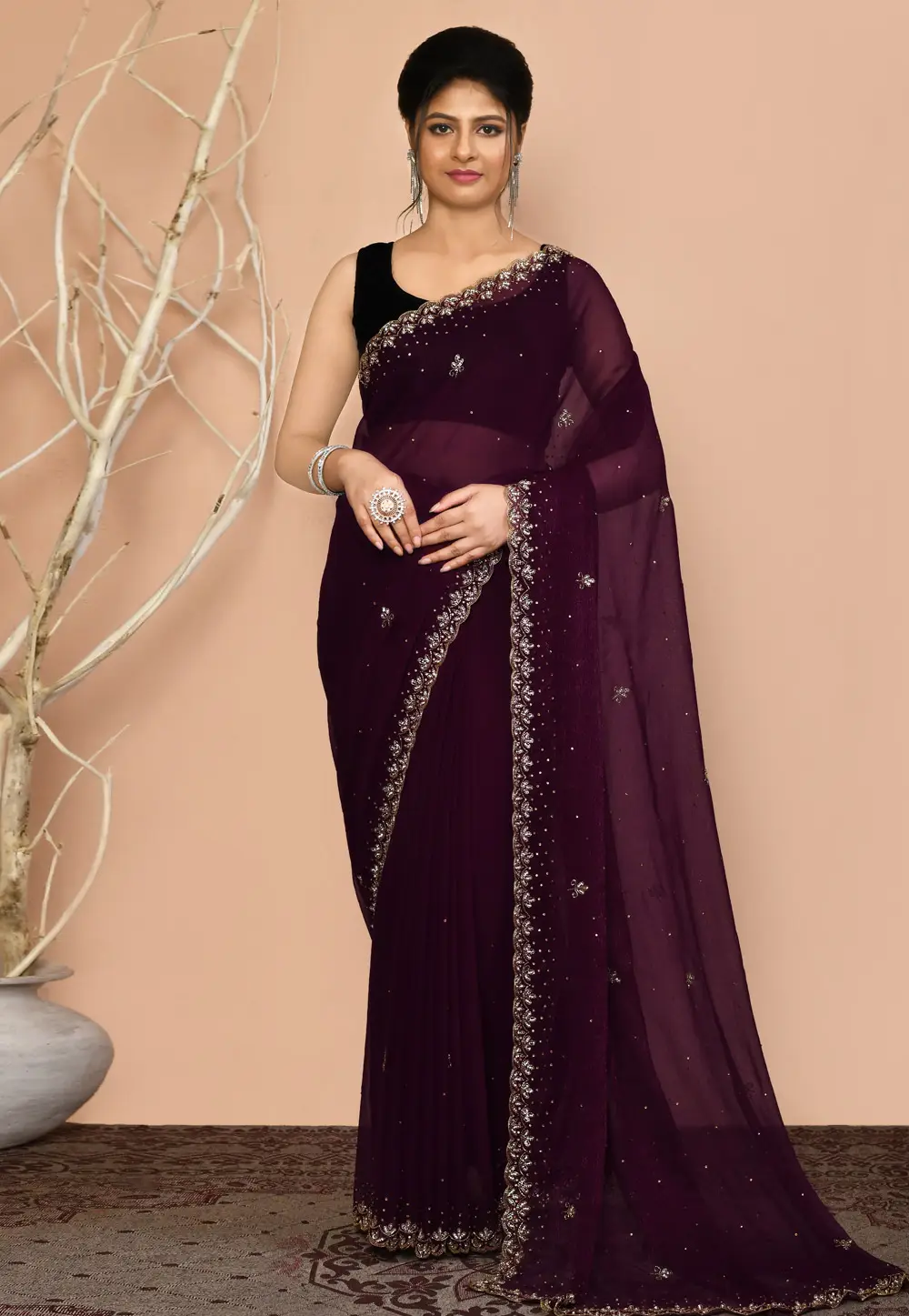 Wine Georgette Saree With Blouse 295961