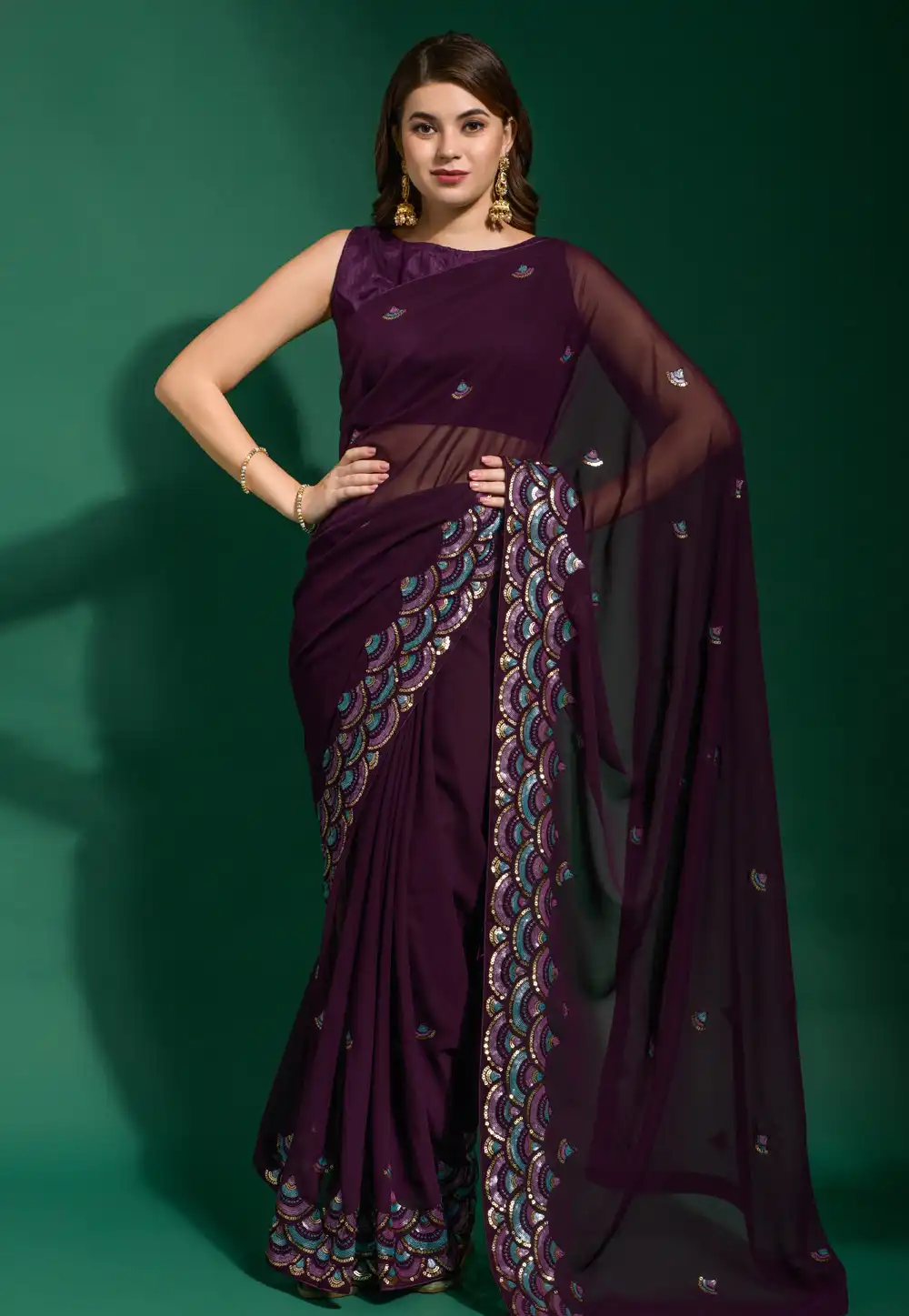 Wine Georgette Saree With Blouse 291449