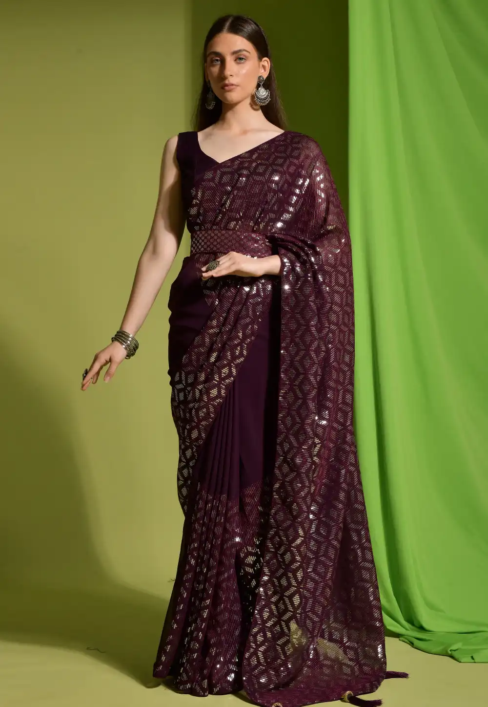 Wine Georgette Saree With Blouse 291461