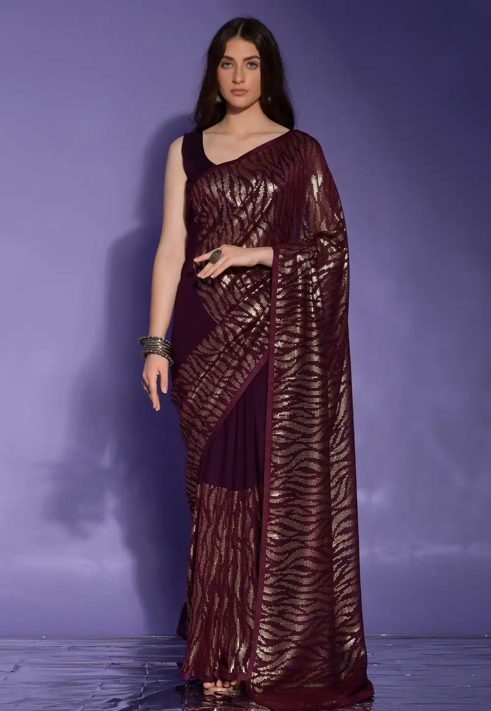 Wine Georgette Saree With Blouse 291472