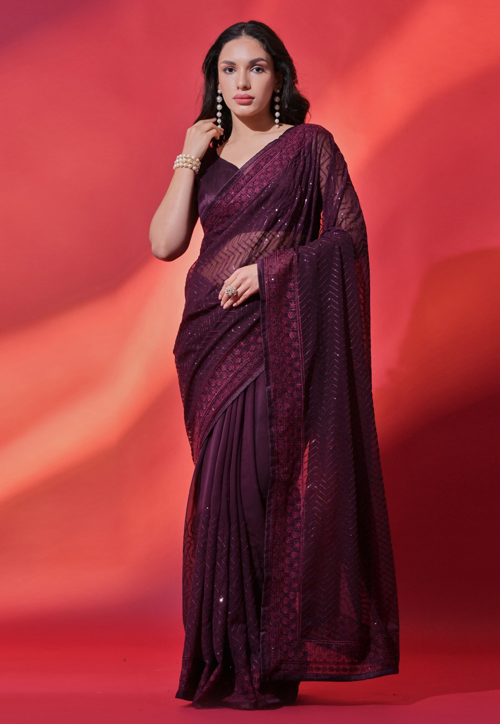 Wine Georgette Saree With Blouse 286448