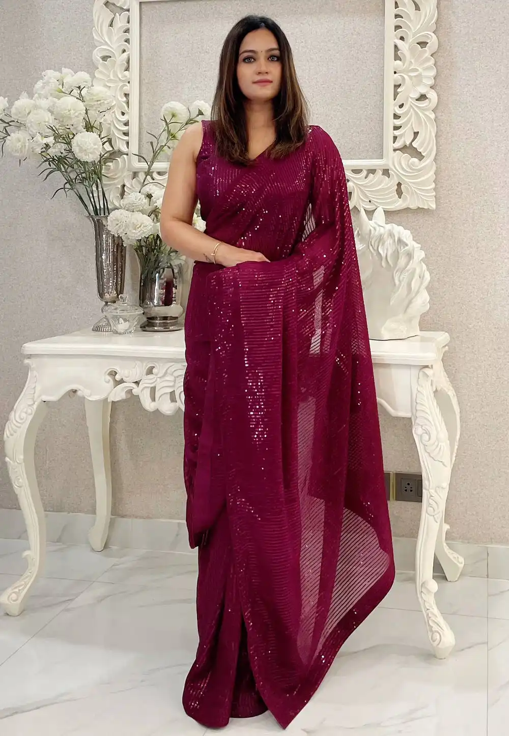 Wine Georgette Sequence Saree 294155