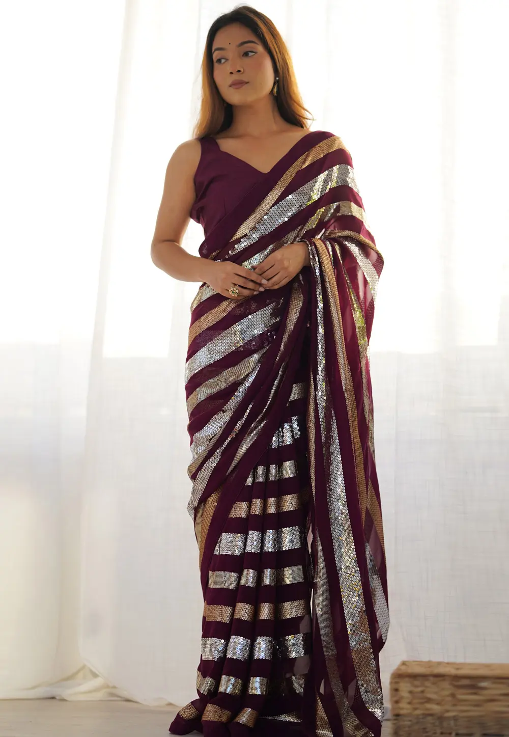 Wine Georgette Sequence Saree 301551