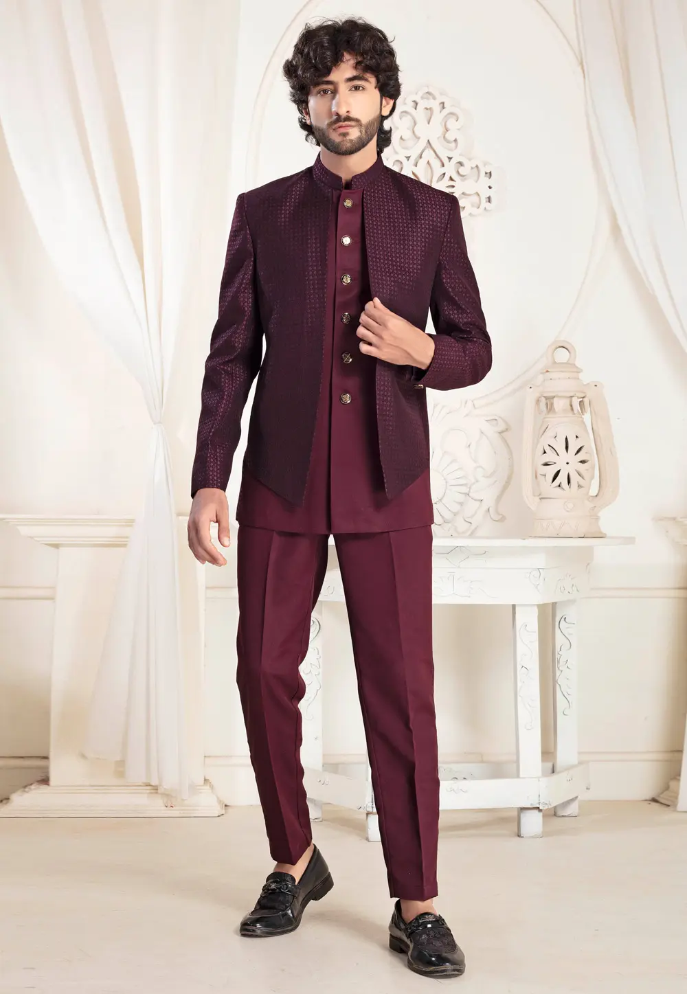 Wine Jacquard Indo Western Suit 302155