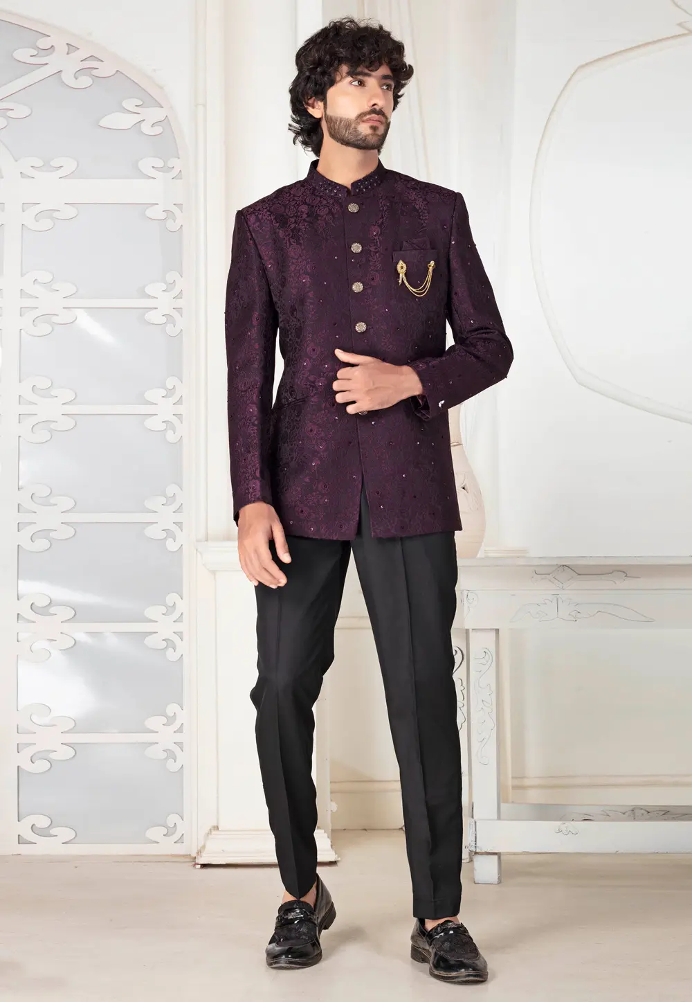 Wine Jacquard Jodhpuri Suit 302144