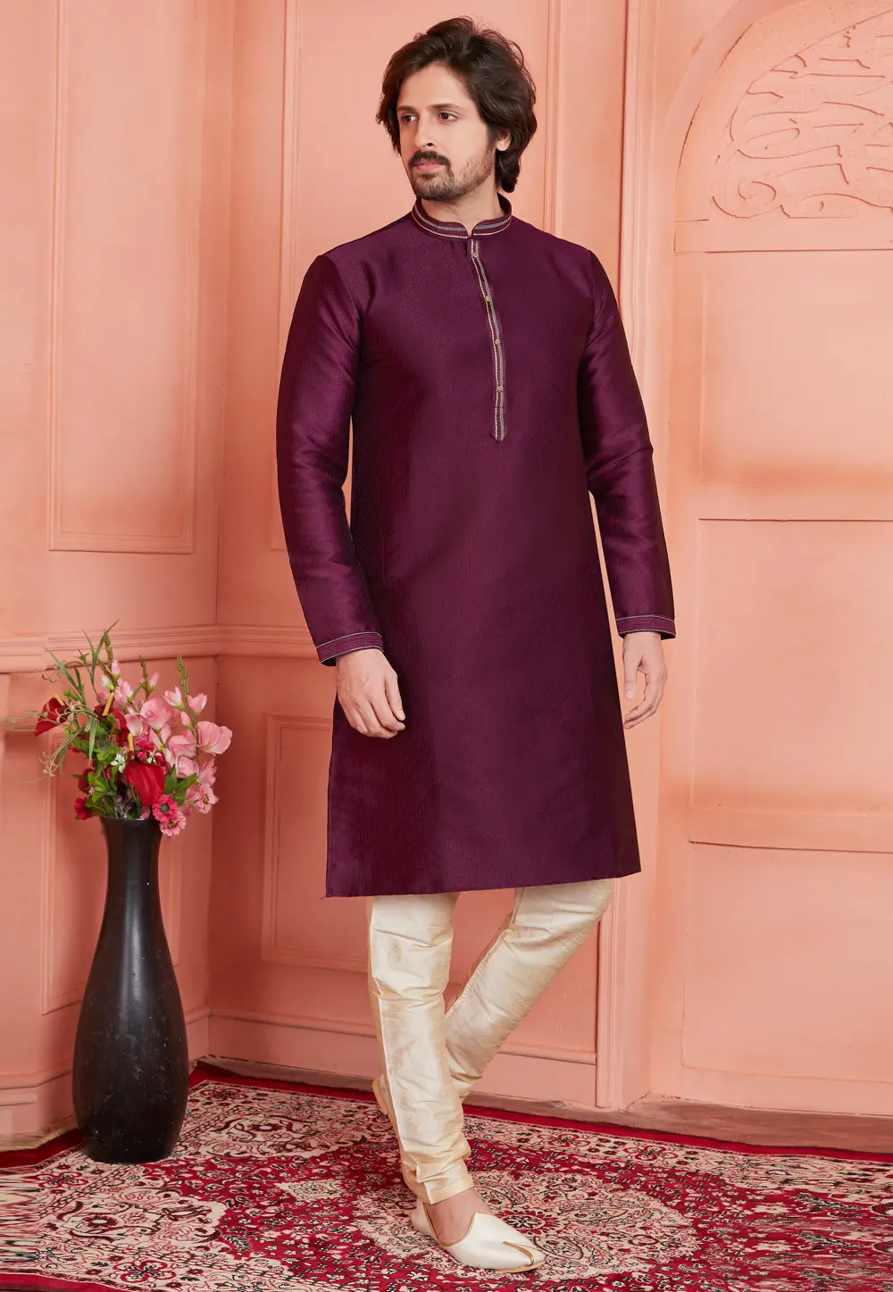 Wine Jacquard Silk Kurta Pajama 304297