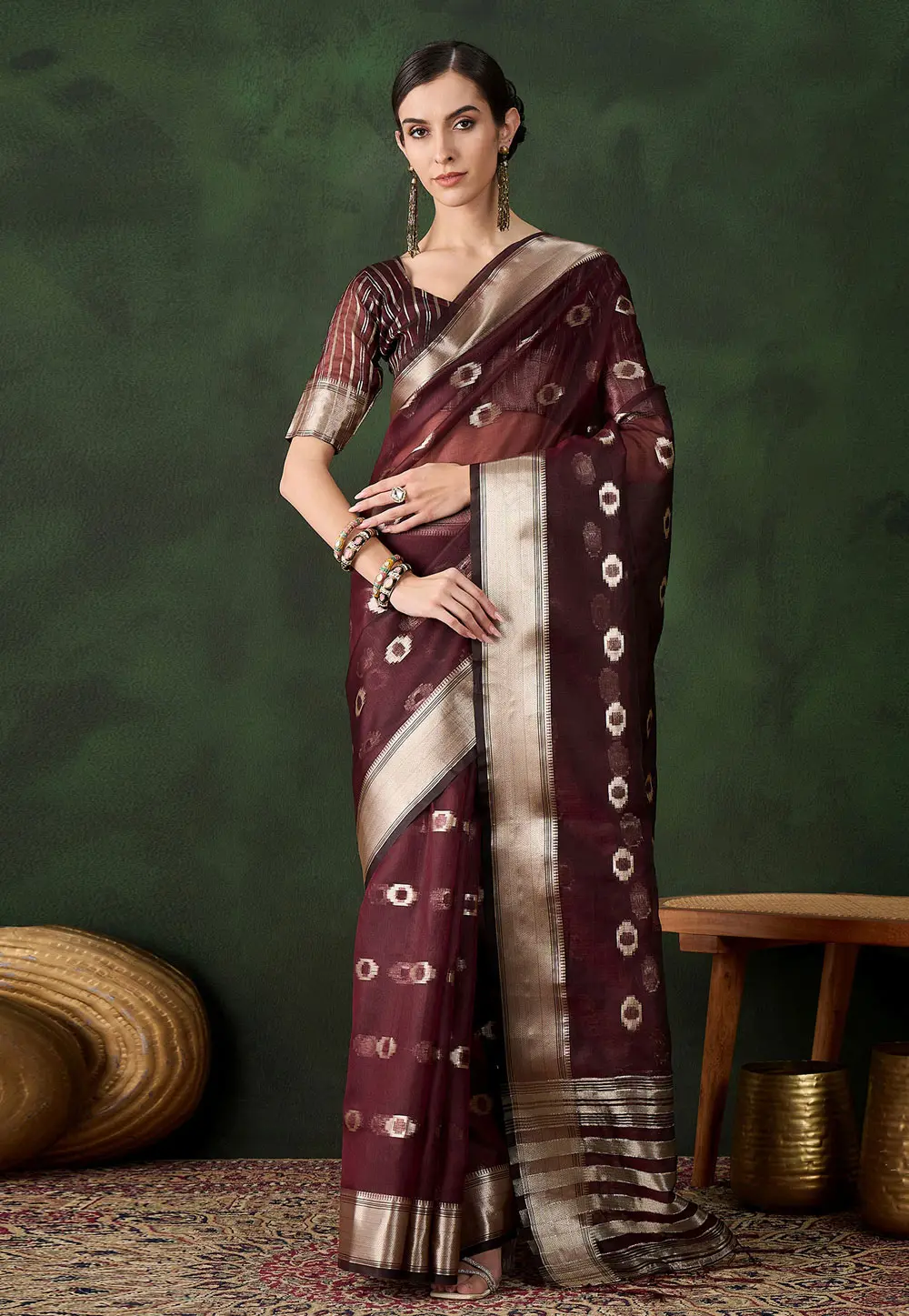 Wine Khadi Saree With Blouse 299223