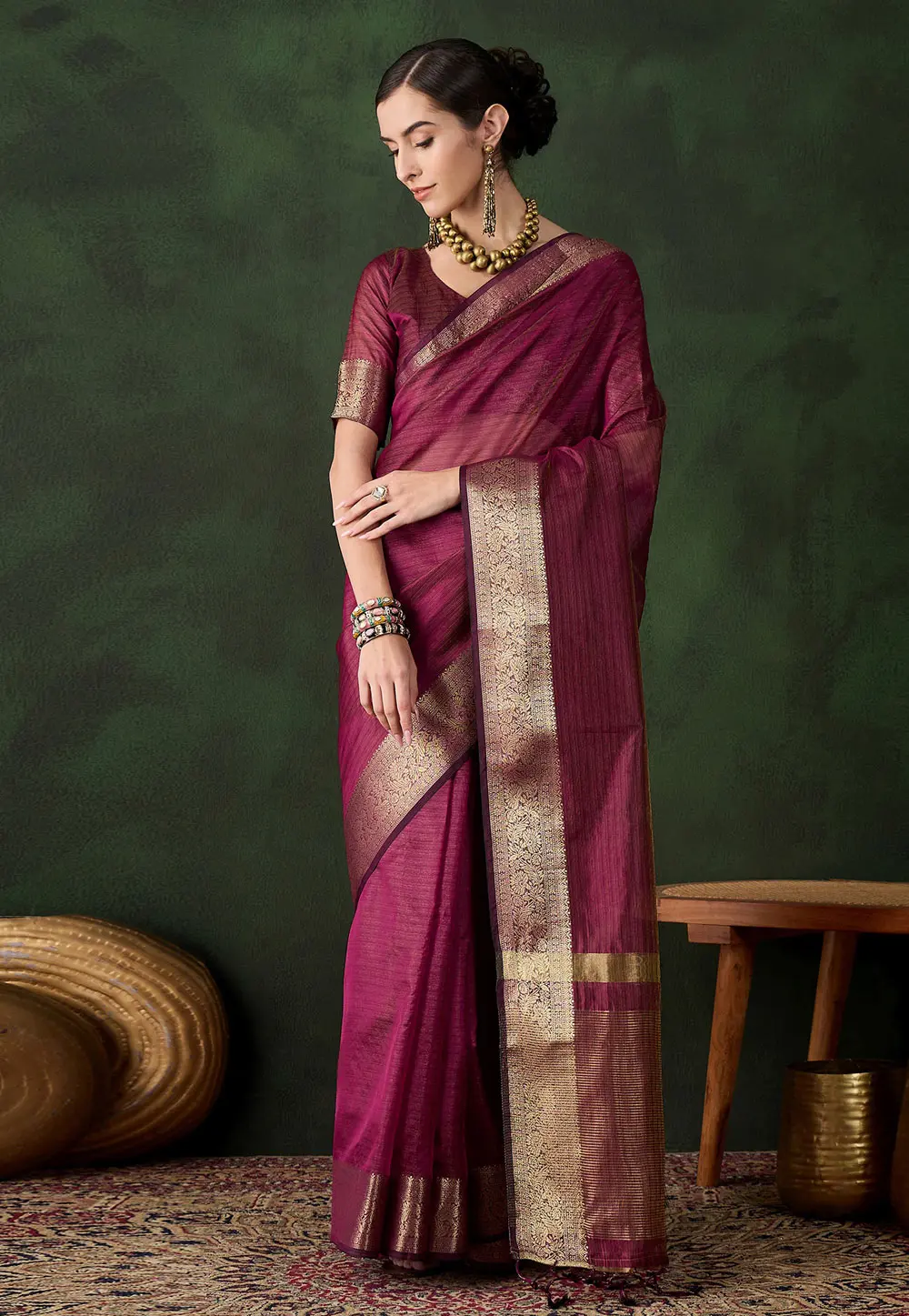 Wine Khadi Saree With Blouse 299393