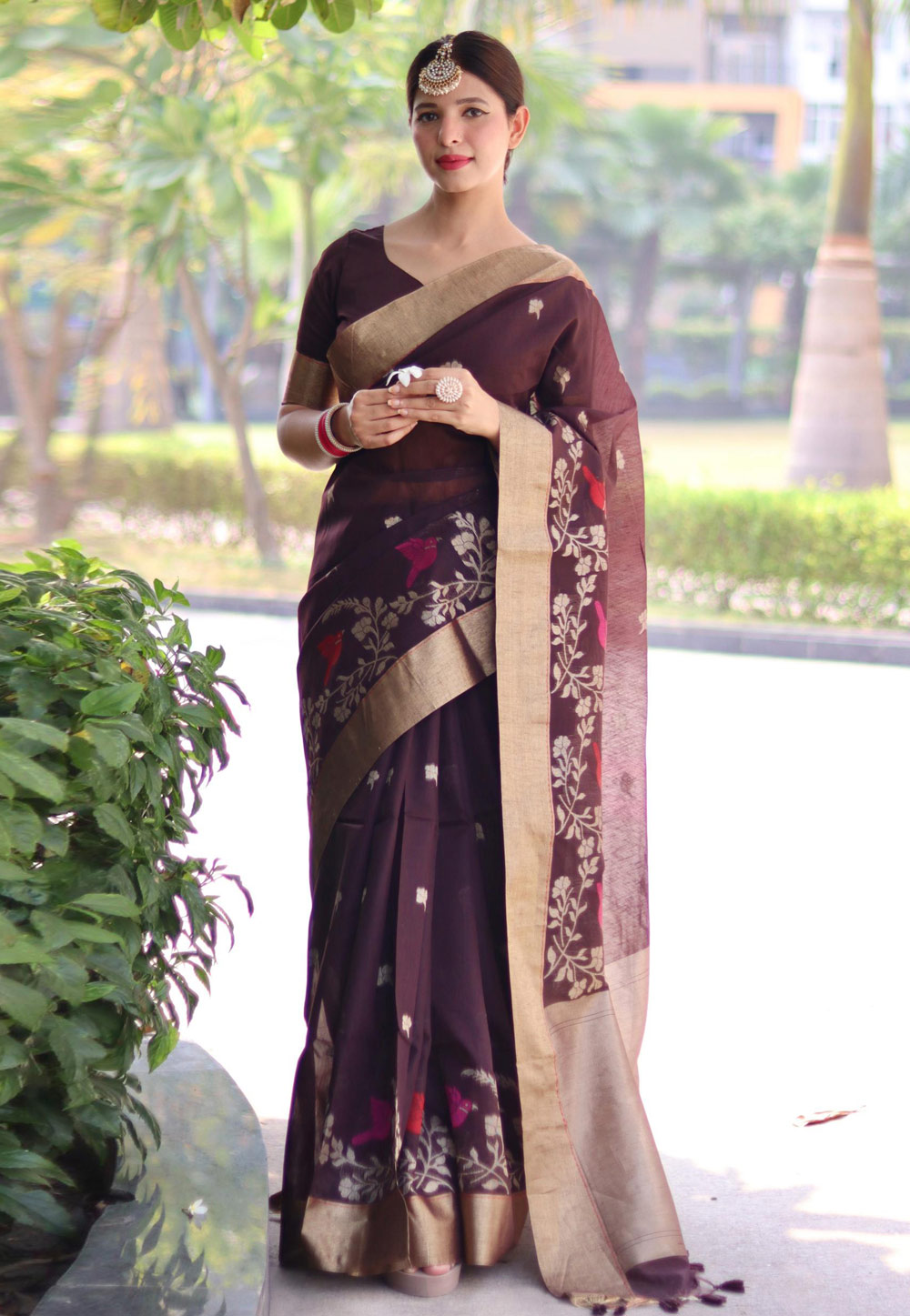 Wine Linen Saree With Blouse 278930