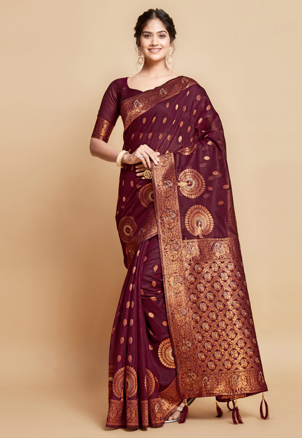 Wine Linen Saree With Blouse 279779