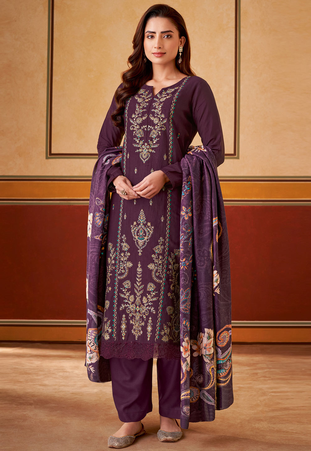 Wine Muslin Pakistani Suit 310170