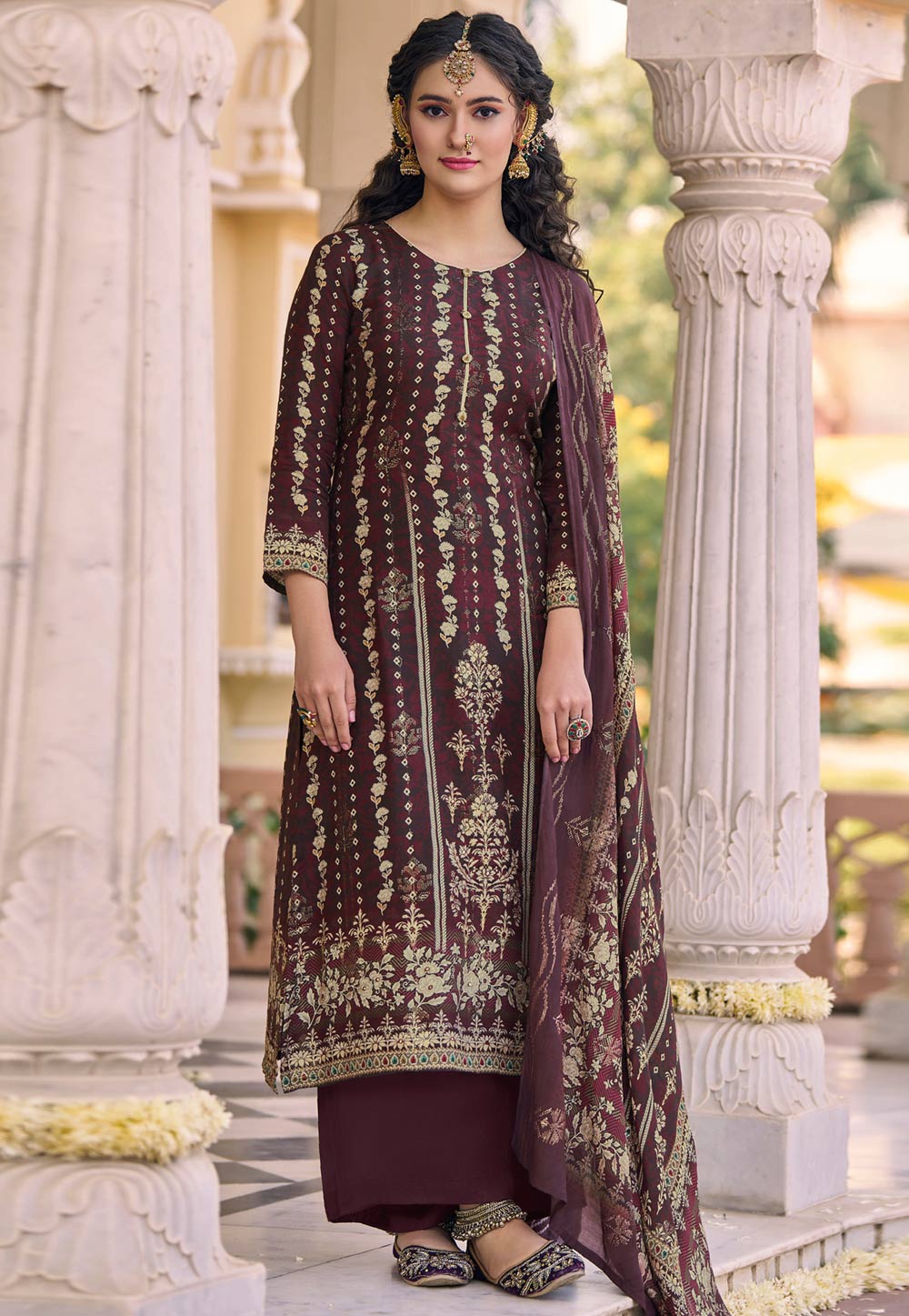 Wine Muslin Palazzo Suit 310739