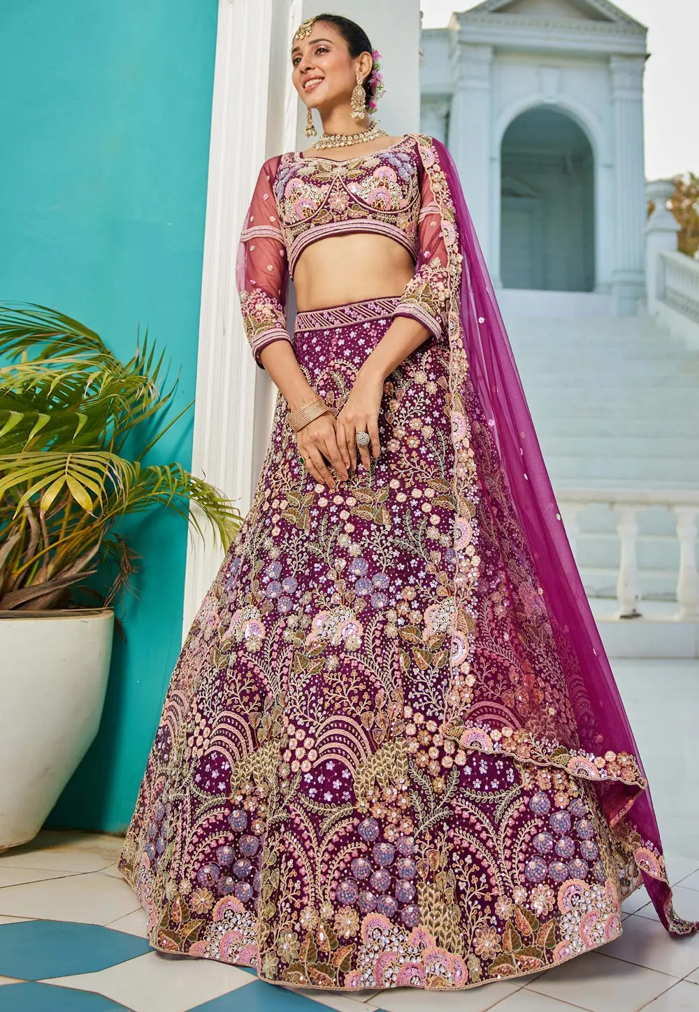 Wine Net A Line Lehenga Choli 304214