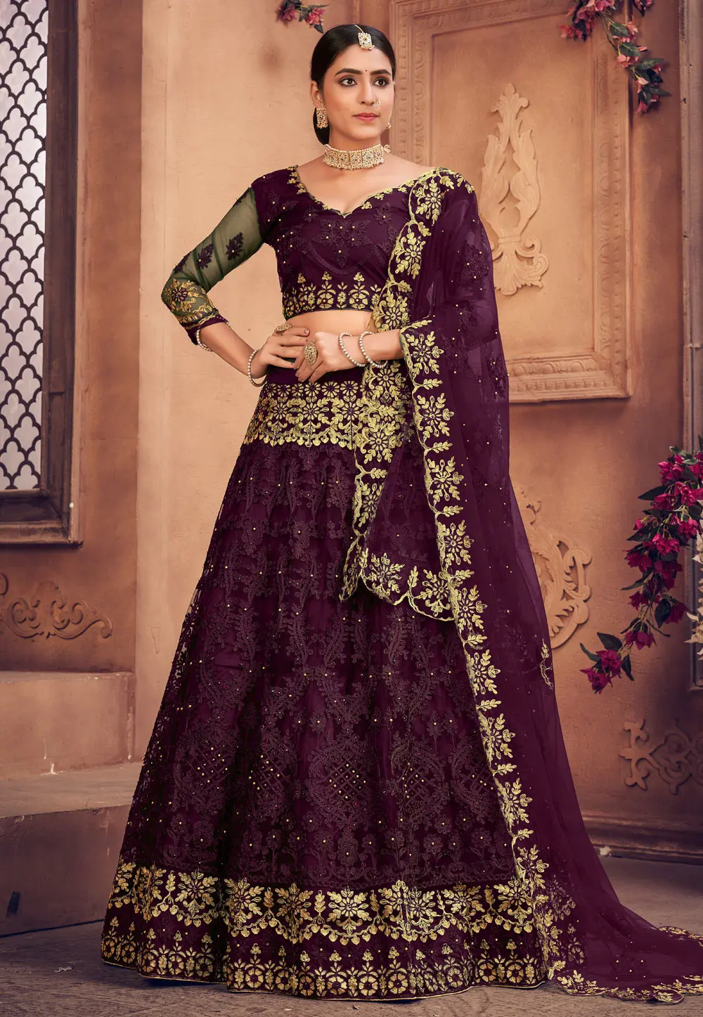 Wine Net A Line Lehenga Choli 303531