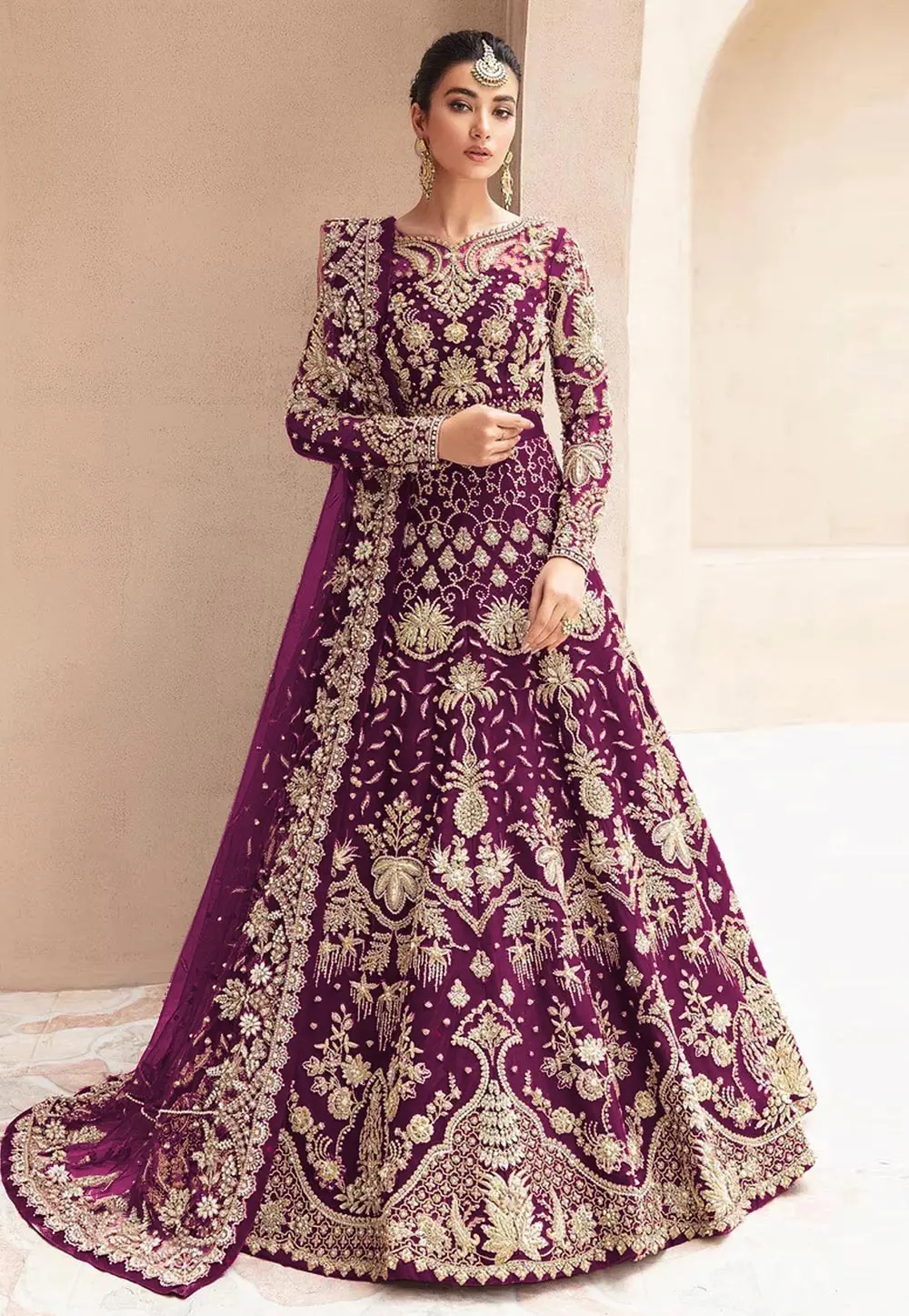 Wine Net Embroidered Floor Length Anarkali Suit 304447