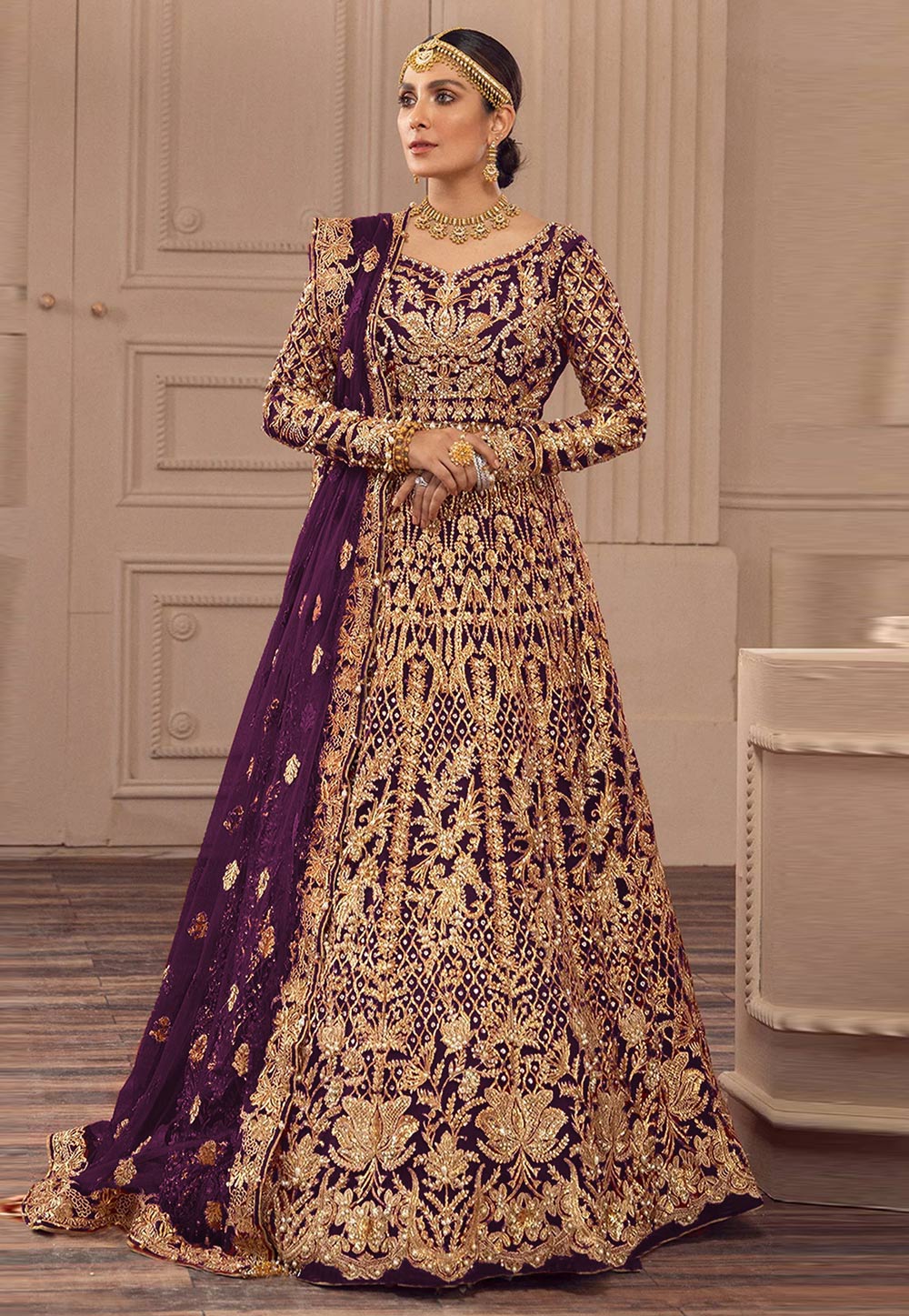 Wine Net Embroidered Long Anarkali Suit 310395