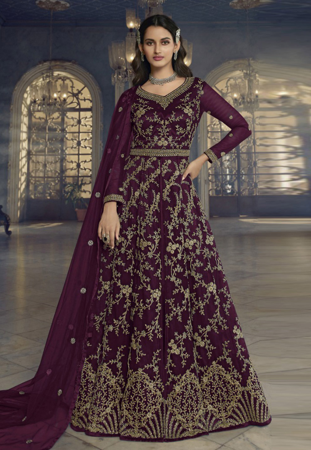 Wine Net Embroidered Long Anarkali Suit 279163