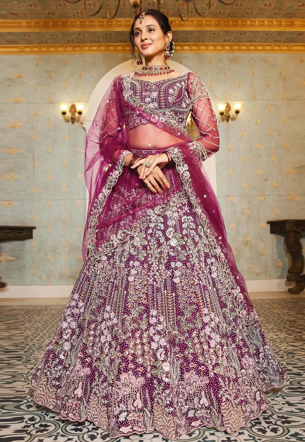 Wine Net Lehenga Choli 304219