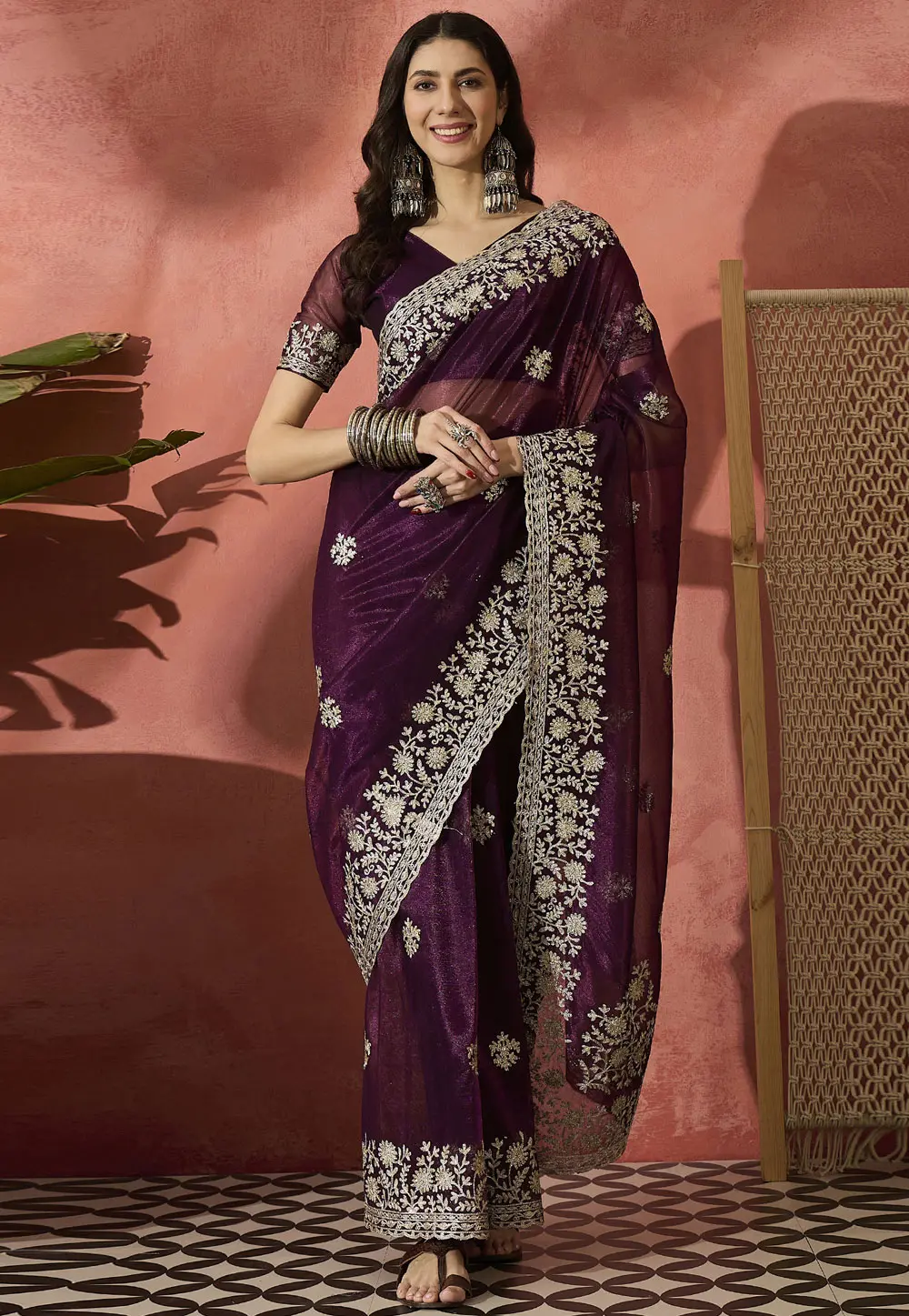 Wine Net Saree With Blouse 304678