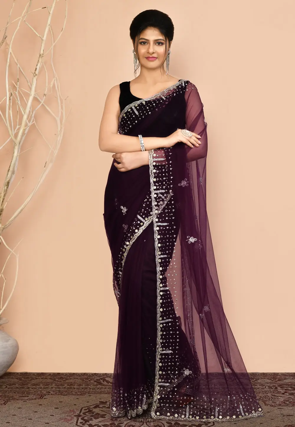 Wine Net Saree With Blouse 295992