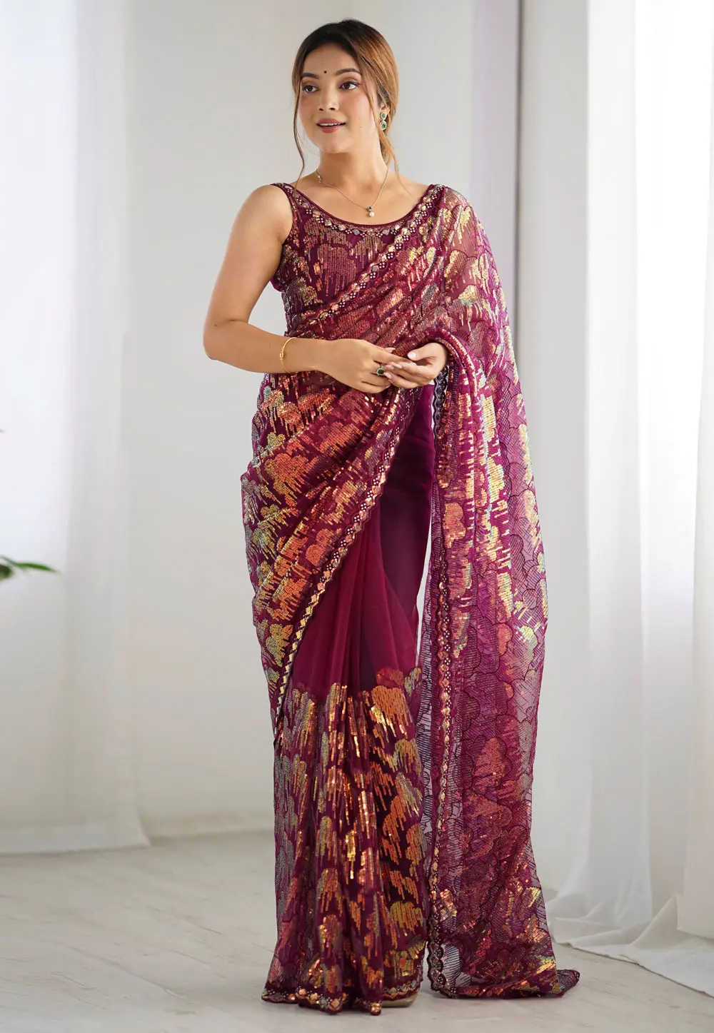 Wine Net Sequence Saree 300317