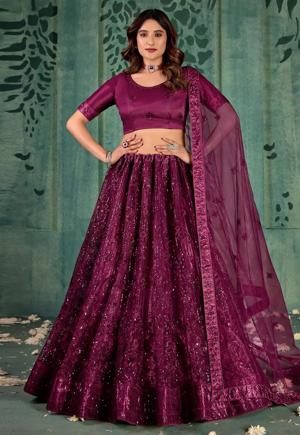 Wine Net Wedding Lehenga Choli 302725