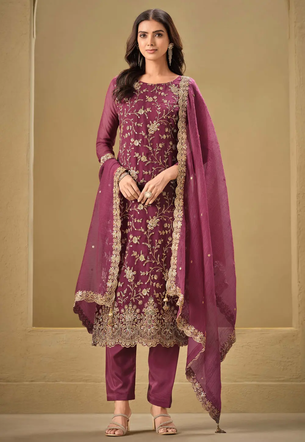 Wine Organza Embroidered Pant Style Suit 297791