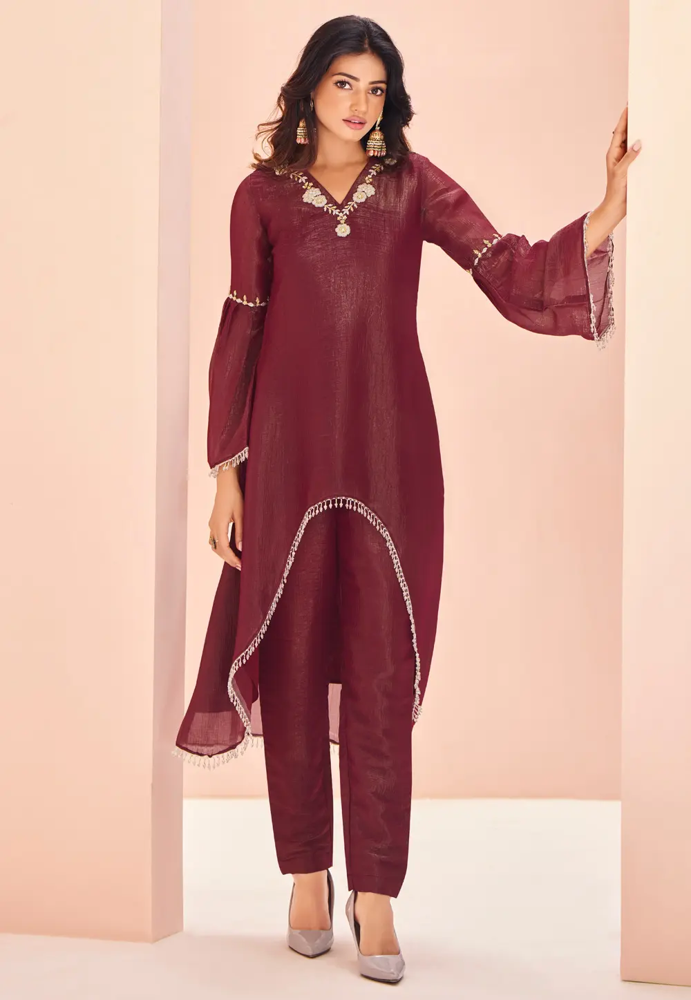 Wine Organza Kurta Set With Pent 298453