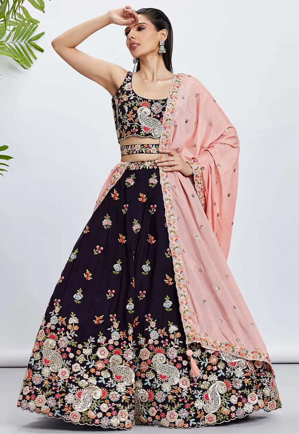 Wine Organza Lehenga Choli 291798