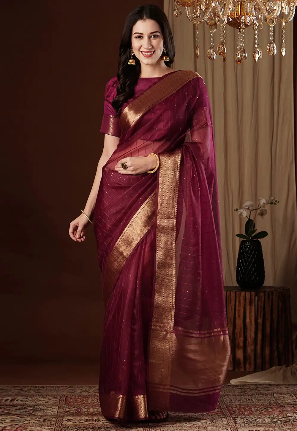 Wine Organza Saree With Blouse 293501