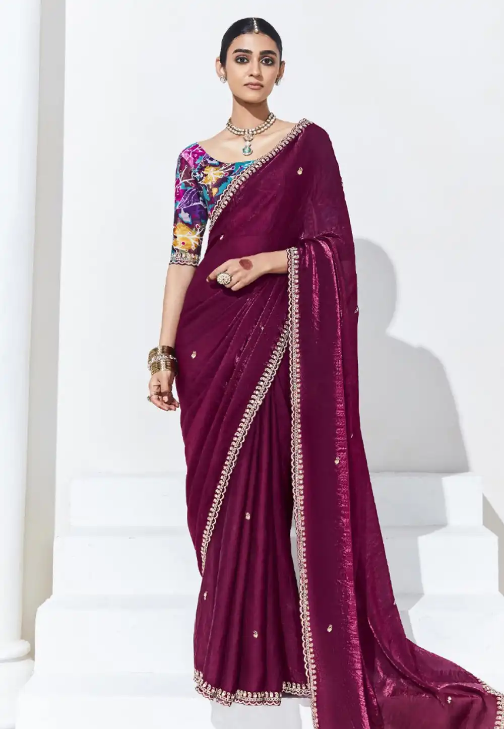 Wine Organza Saree With Blouse 291609