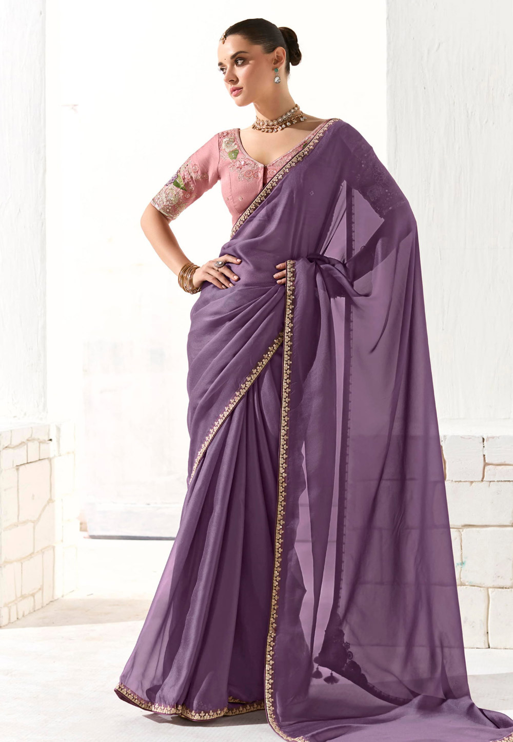 Wine Organza Saree With Blouse 309452