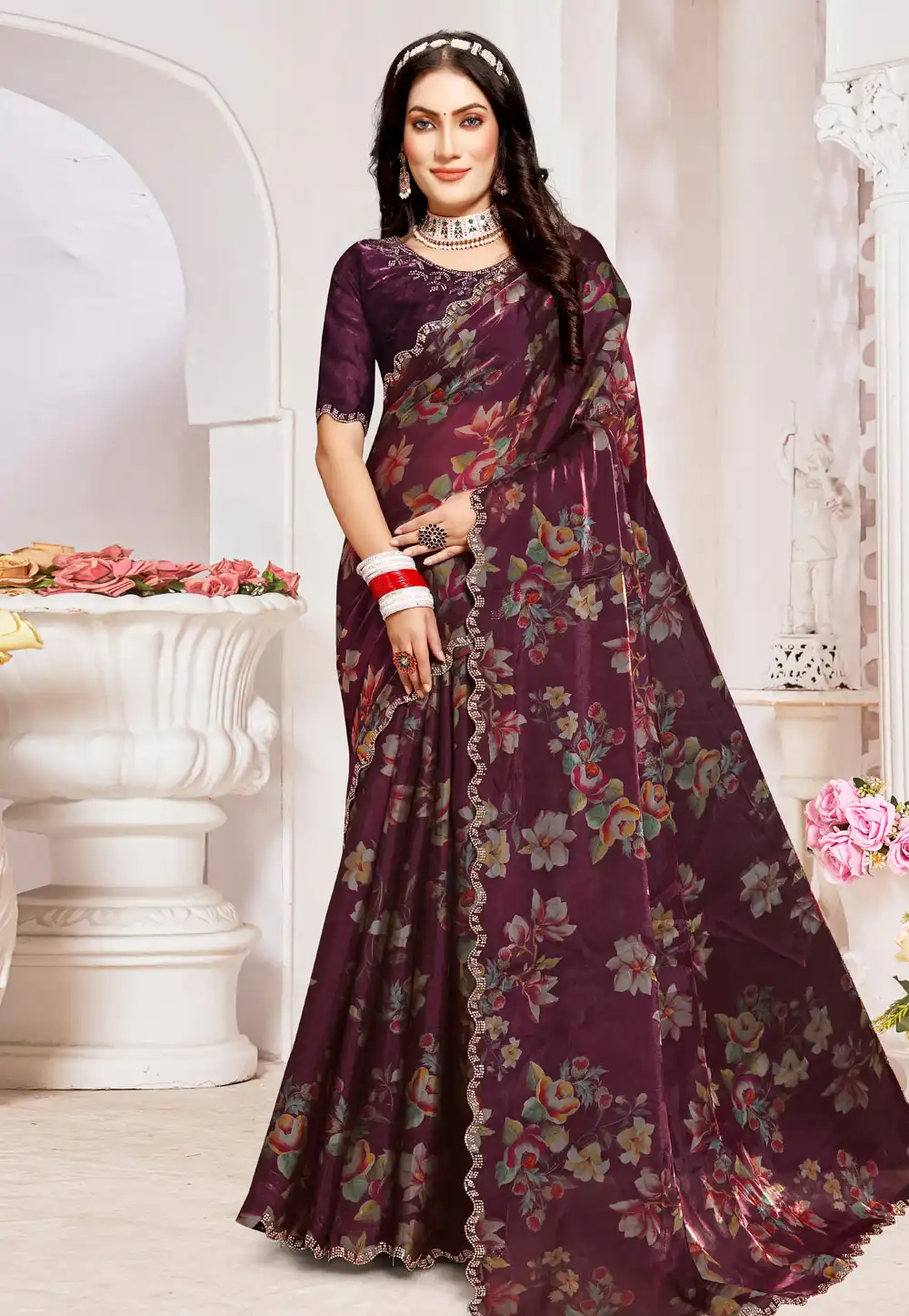 Wine Organza Saree With Blouse 293068