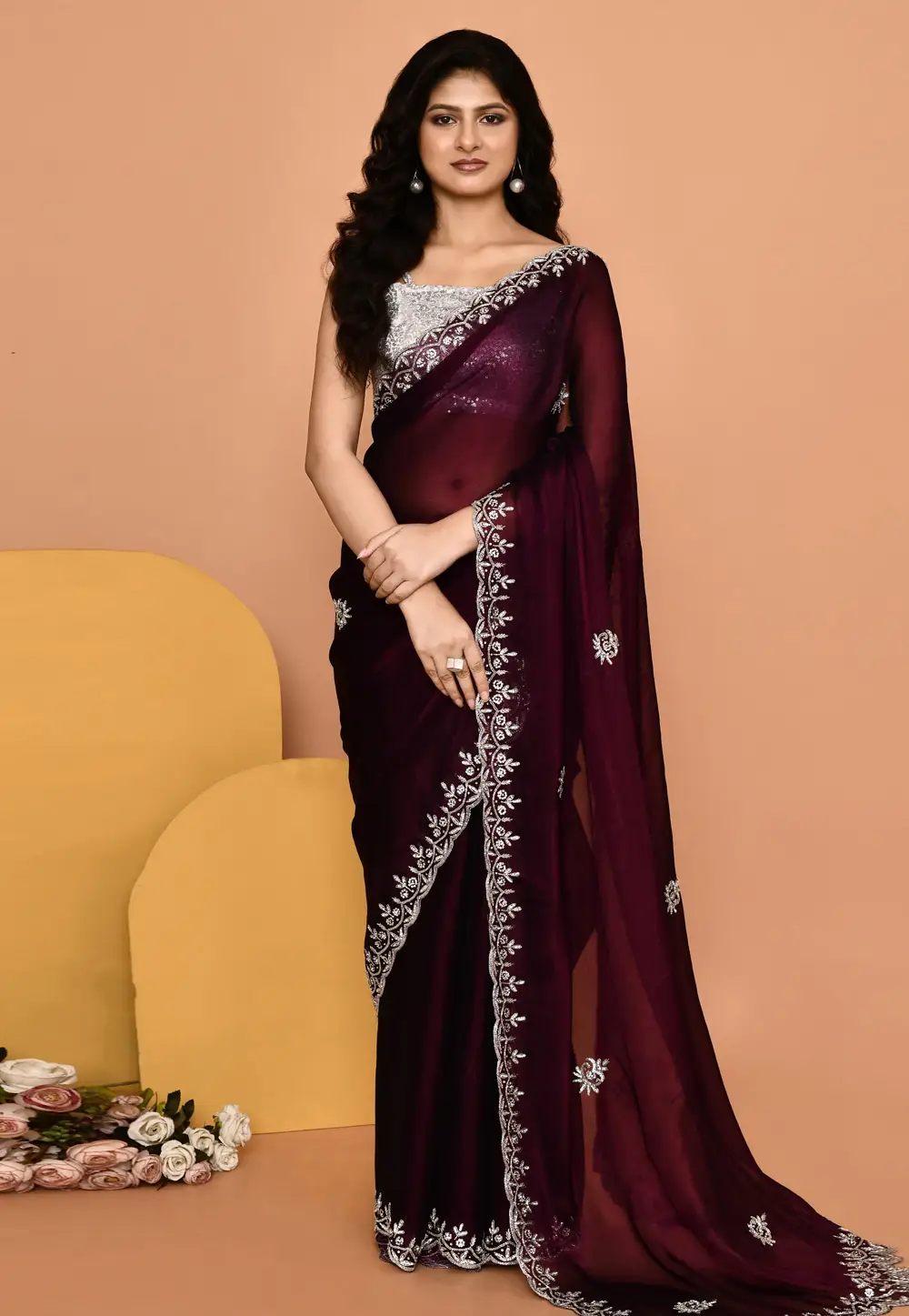 Wine Organza Saree With Blouse 296029