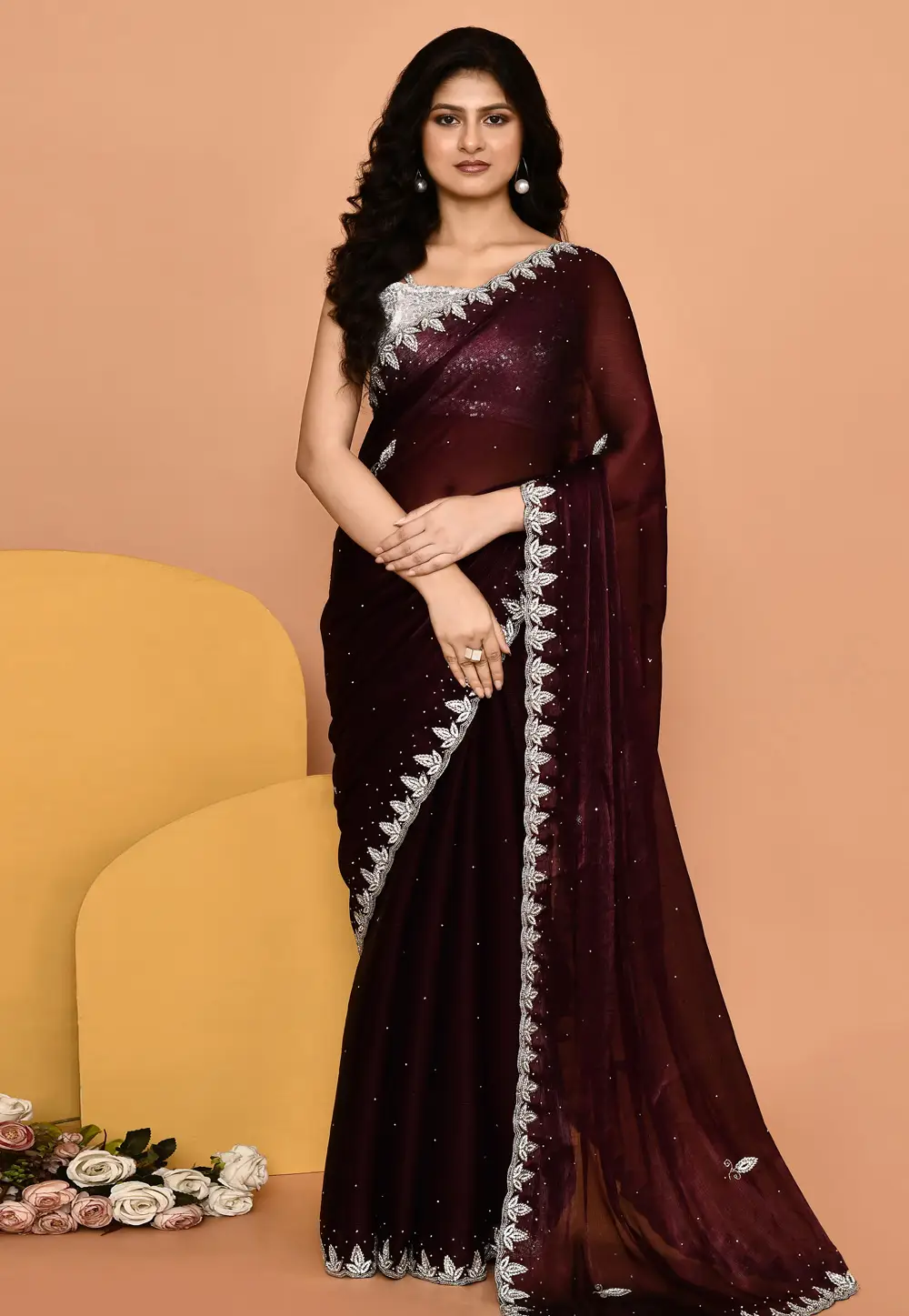 Wine Organza Saree With Blouse 296030