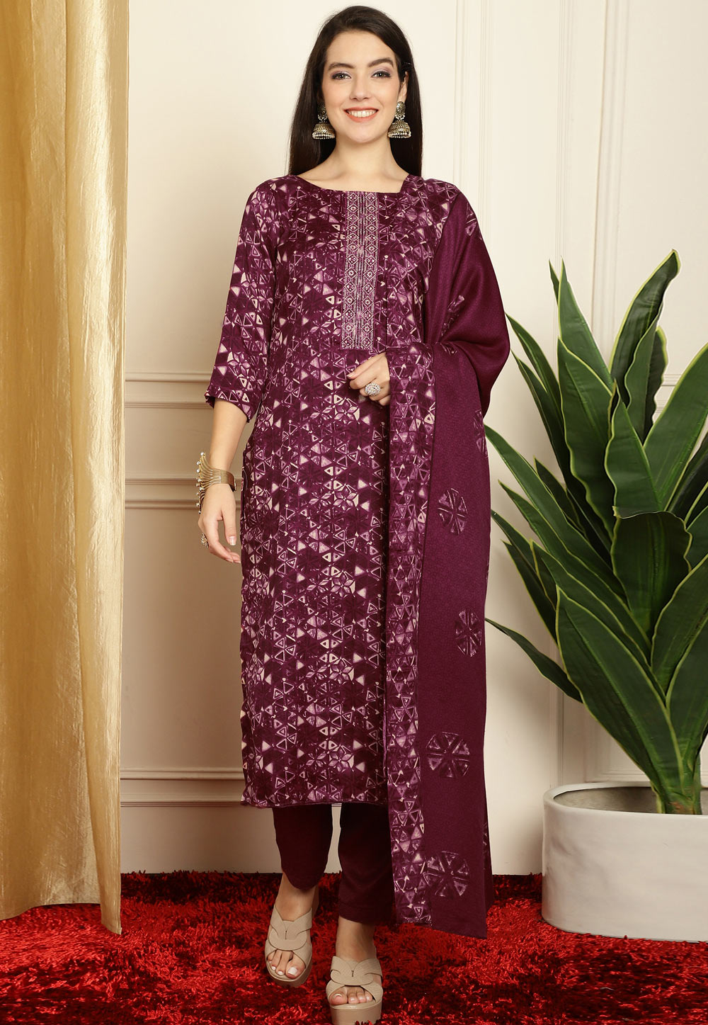 Wine Pashmina Pakistani Suit 311041