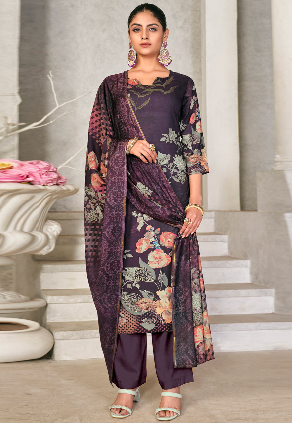 Wine Pashmina Pant Style Suit 309884