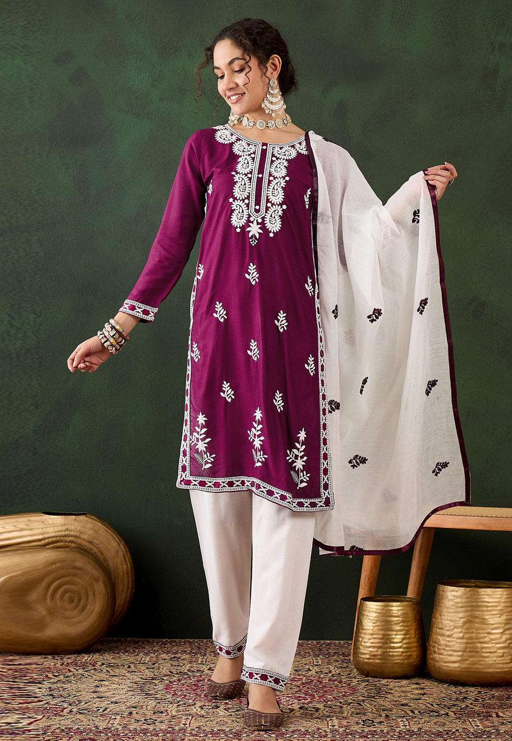 Wine Rayon Readymade Chikankari Suit 310599