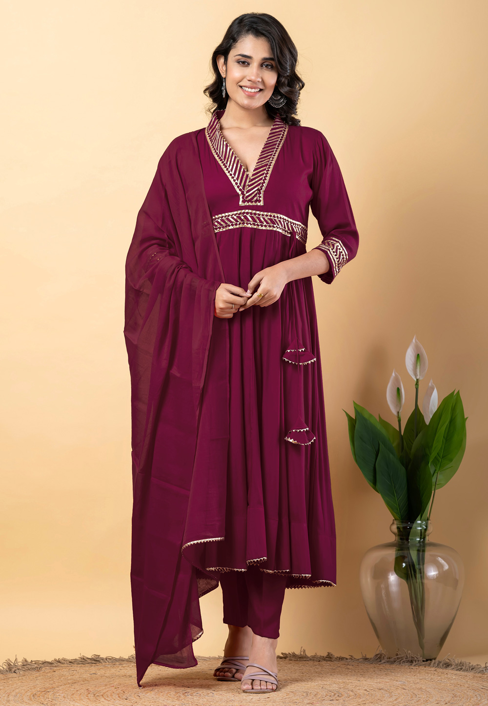 Wine Rayon Readymade Pant Style Suit 306192