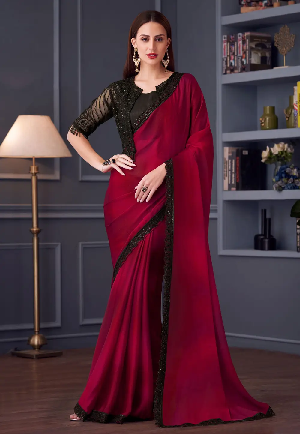 Wine Satin Chiffon Designer Saree 296354