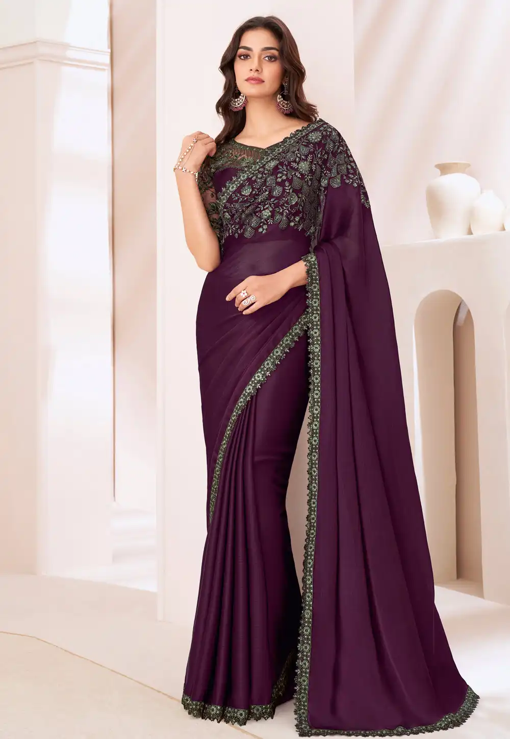 Wine Satin Chiffon Designer Saree 292303