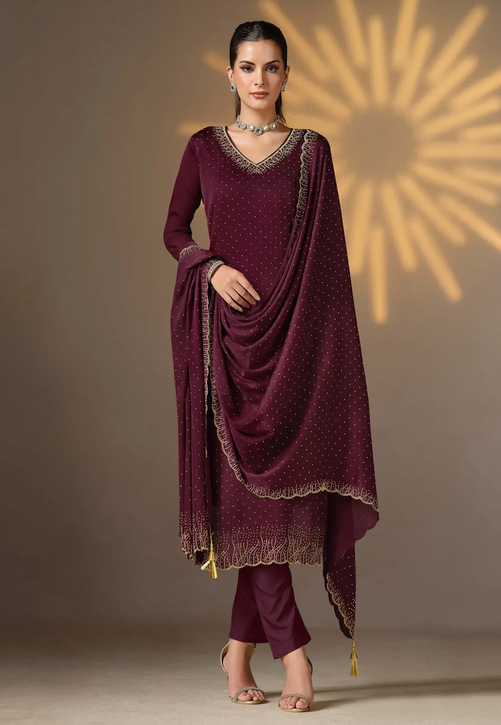 Wine Satin Chiffon Pant Style Suit 297310