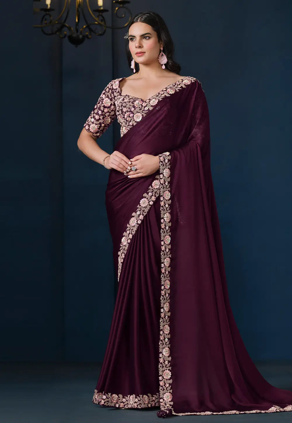 Wine Satin Chiffon Saree With Blouse 296813