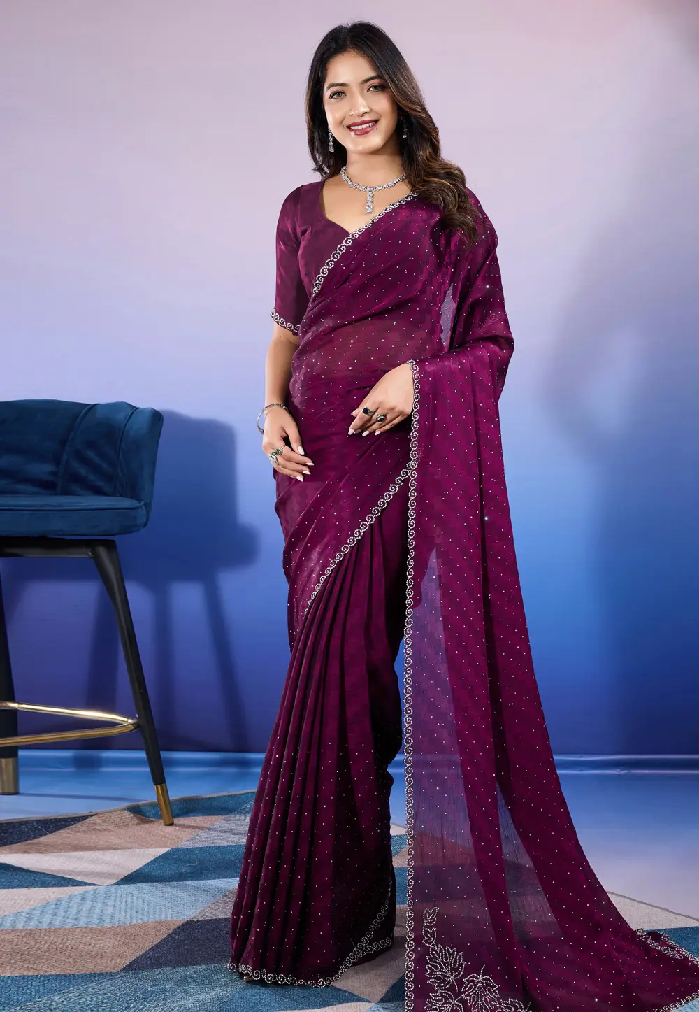 Wine Satin Chiffon Saree With Blouse 297714