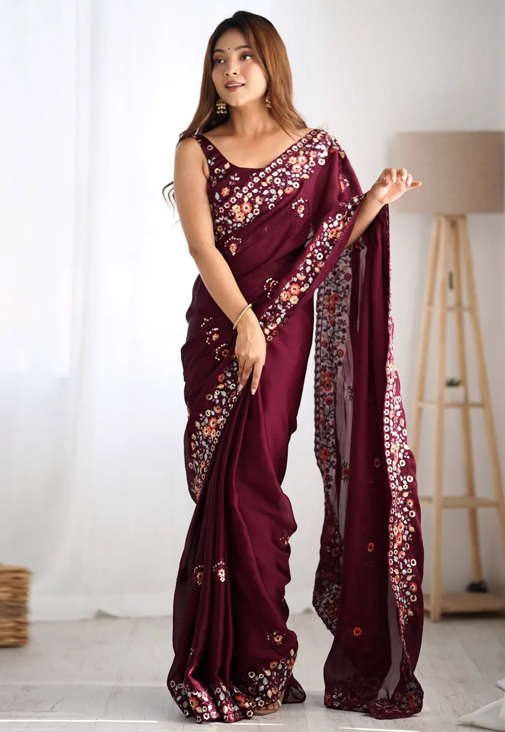 Wine Satin Chiffon Saree With Blouse 300323