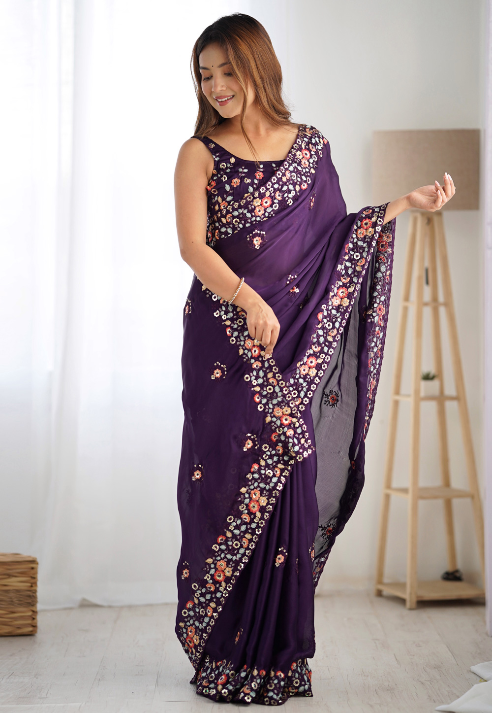 Wine Satin Chiffon Saree With Blouse 310275