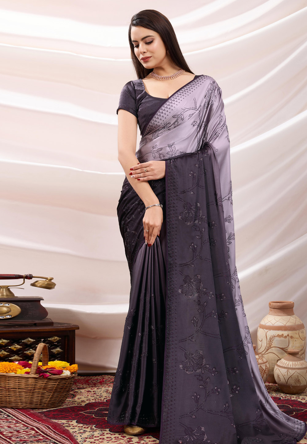 Wine Satin Half N Half Saree 305564