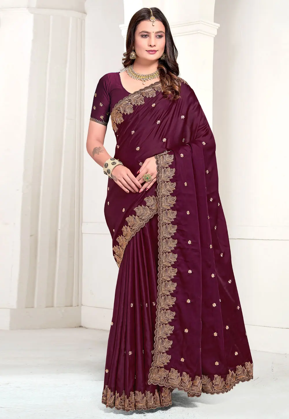 Wine Satin Saree With Blouse 299457